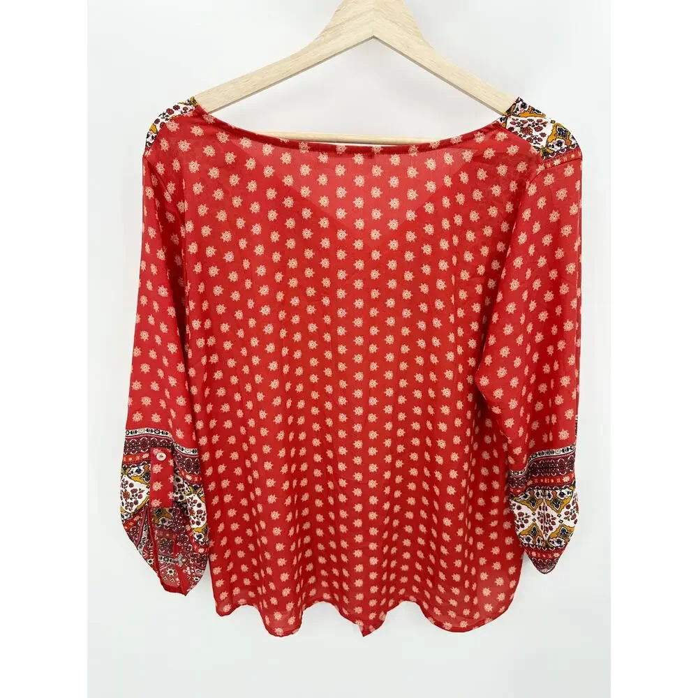 West Kei Top Women LARGE Talina Rust Red Printed V-Neck Tie Front Blouse - Picture 2 of 10